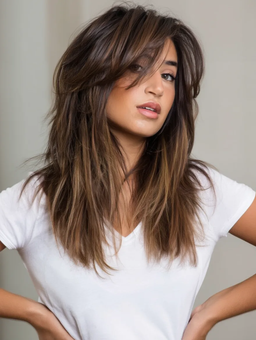 Long Chestnut Layers with Chocolate Highlights and Side Bangs